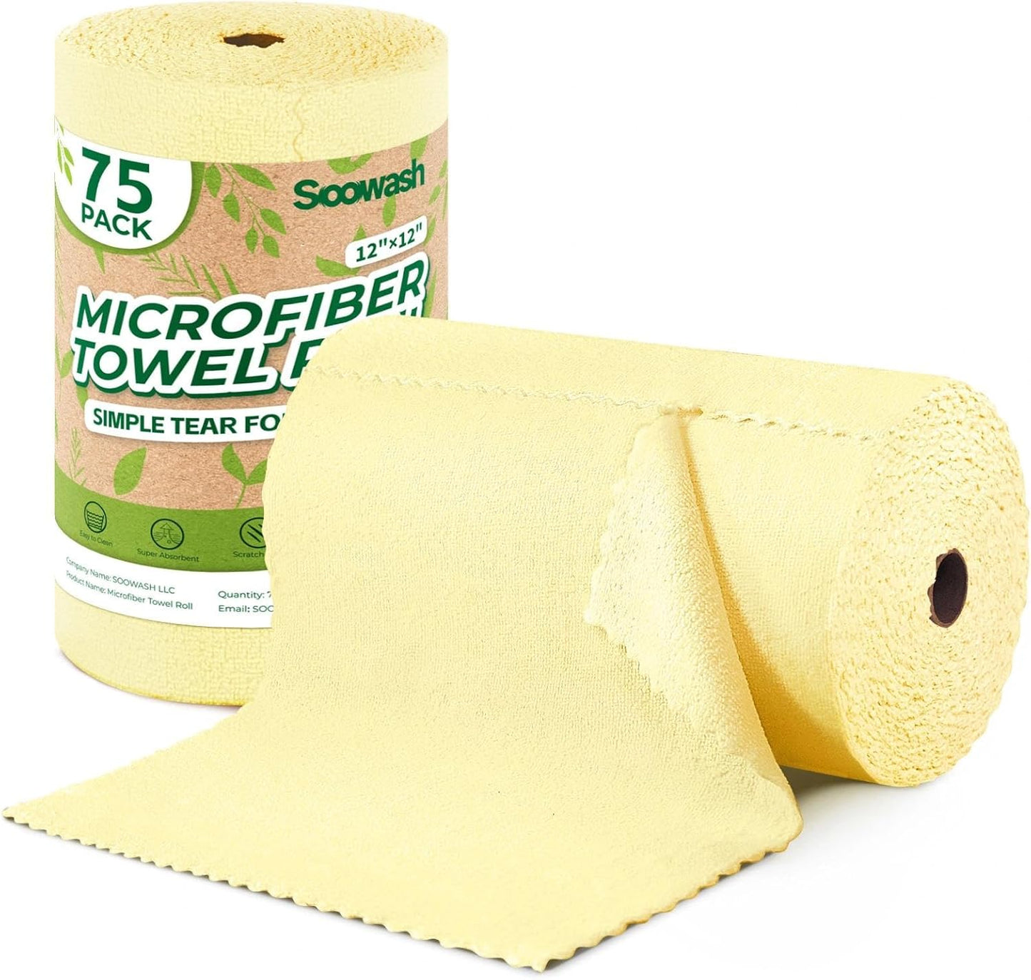Microfiber Cleaning Cloths Roll 75 Pack 12x12 Inch Lint Free | Tear away design, lint free, washable, scratch free, ultra absorbent, for dish rags and household cleaning, Yellow color
