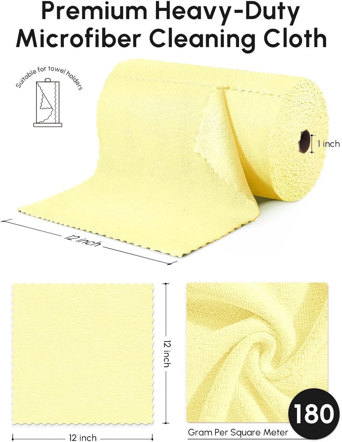 Microfiber Cleaning Cloths Roll 75 Pack 12x12 Inch Lint Free | Tear away design, lint free, washable, scratch free, ultra absorbent, for dish rags and household cleaning, Yellow color