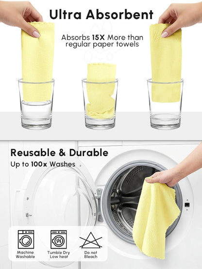 Microfiber Cleaning Cloths Roll 75 Pack 12x12 Inch Lint Free | Tear away design, lint free, washable, scratch free, ultra absorbent, for dish rags and household cleaning, Yellow color