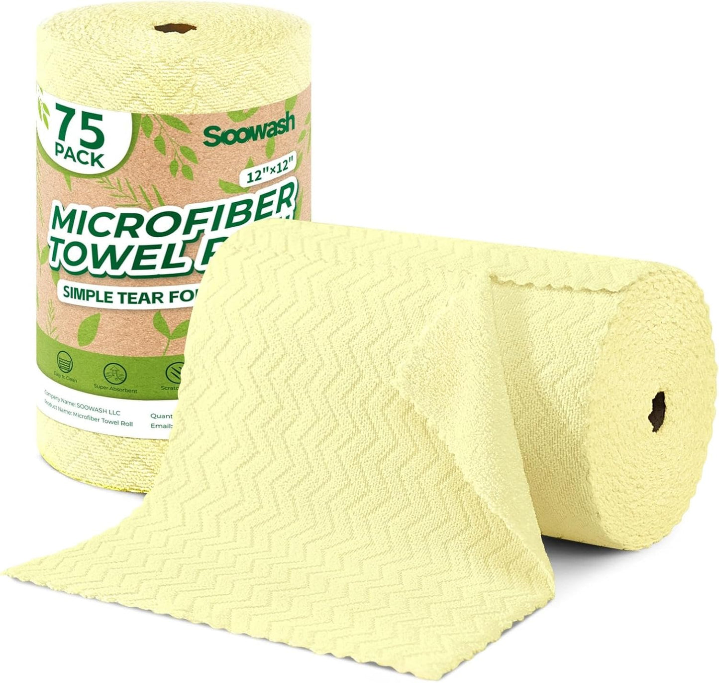 Microfiber Cleaning Cloths Roll 75 Pack 12x12 Inch Lint Free | Tear away design, lint free, washable, scratch free, ultra absorbent, for dish rags and household cleaning, Yellow color