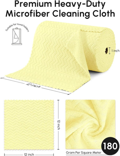 Microfiber Cleaning Cloths Roll 75 Pack 12x12 Inch Lint Free | Tear away design, lint free, washable, scratch free, ultra absorbent, for dish rags and household cleaning, Yellow color