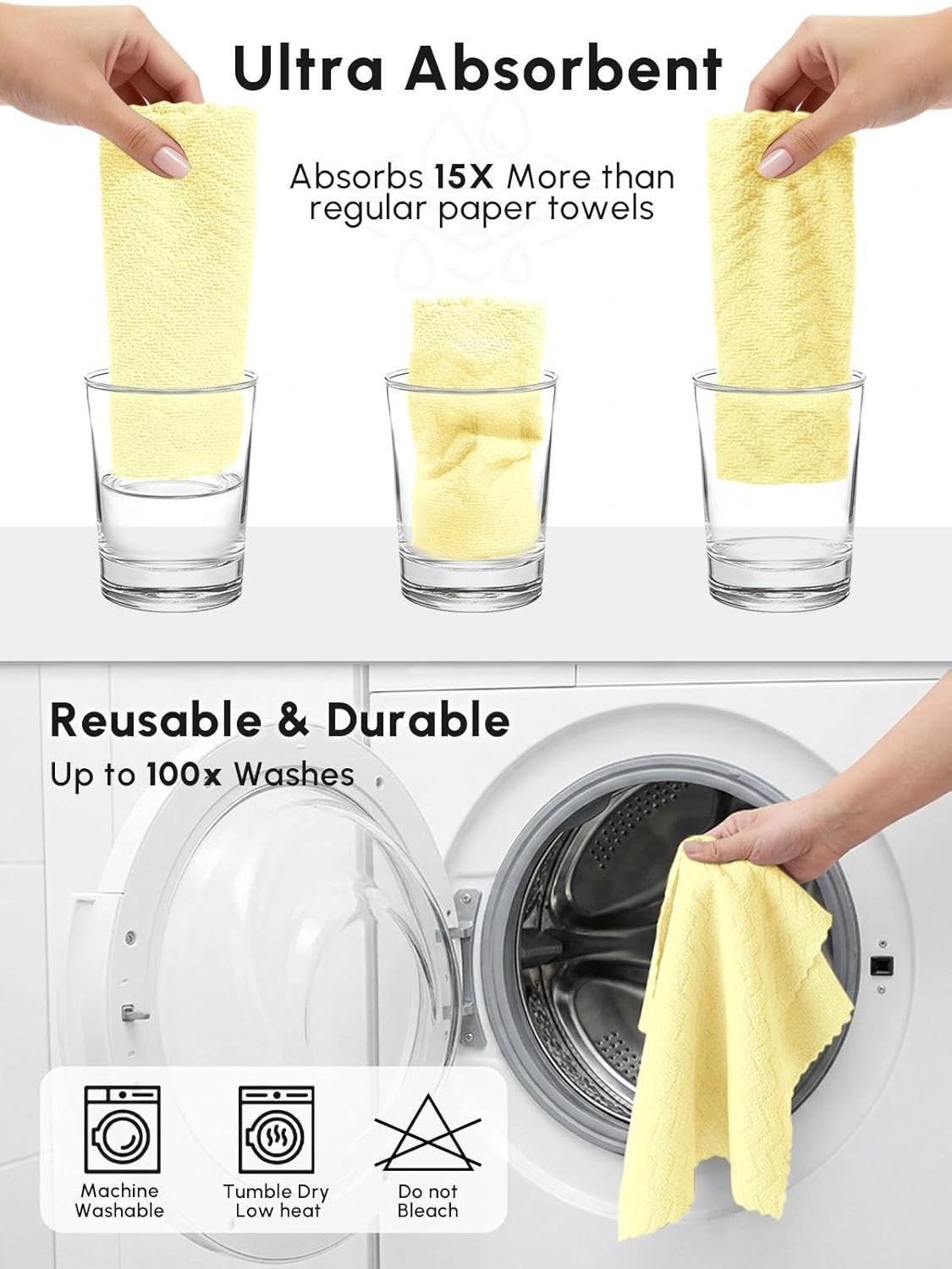 Microfiber Cleaning Cloths Roll 75 Pack 12x12 Inch Lint Free | Tear away design, lint free, washable, scratch free, ultra absorbent, for dish rags and household cleaning, Yellow color
