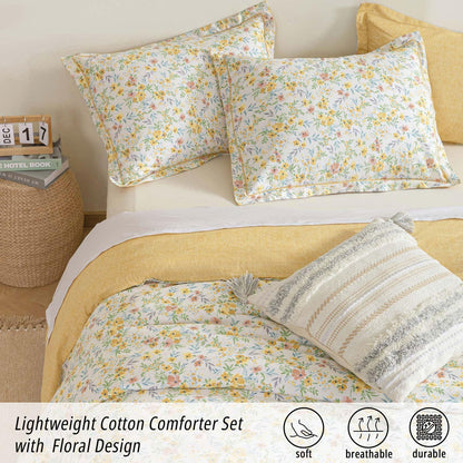 ALEISSEL Natural Cotton 2pcs Floral Comforter Sets Twin Size-Yellow Comforter with Pink & Yellow Flowers and Blue & Green Leaves on White, Reversible Lightweight Bedding Sets(Twin 68"×90")