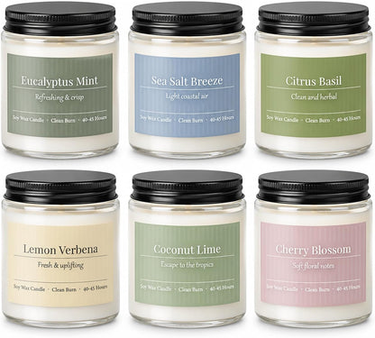 Scented Candles Gift Set,6 Pack Spring Summer Soy Wax Aromatherapy Candles,Lemon Verbena,Coconut Lime,Sea Salt Breeze, Citrus Basil, Eucalyptus Mint & Cherry Blossom