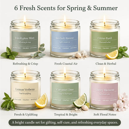 Scented Candles Gift Set,6 Pack Spring Summer Soy Wax Aromatherapy Candles,Lemon Verbena,Coconut Lime,Sea Salt Breeze, Citrus Basil, Eucalyptus Mint & Cherry Blossom