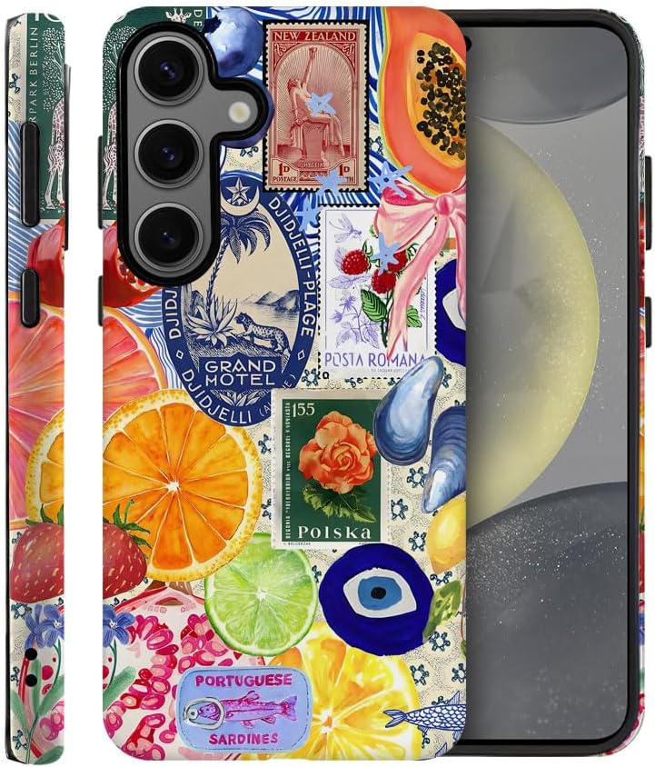 Case for Samsung Galaxy S24 FE,Bow European Summer Lemon Collage Phone Case Drop Resistant Frosted 2 in 1 Solid Dual-Layer Cover for Girl Women