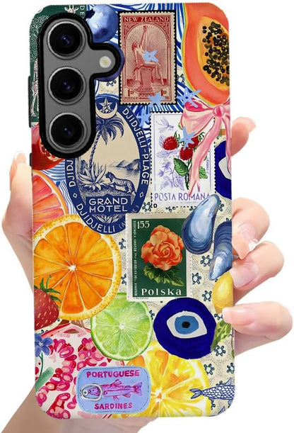 Case for Samsung Galaxy S24 FE,Bow European Summer Lemon Collage Phone Case Drop Resistant Frosted 2 in 1 Solid Dual-Layer Cover for Girl Women