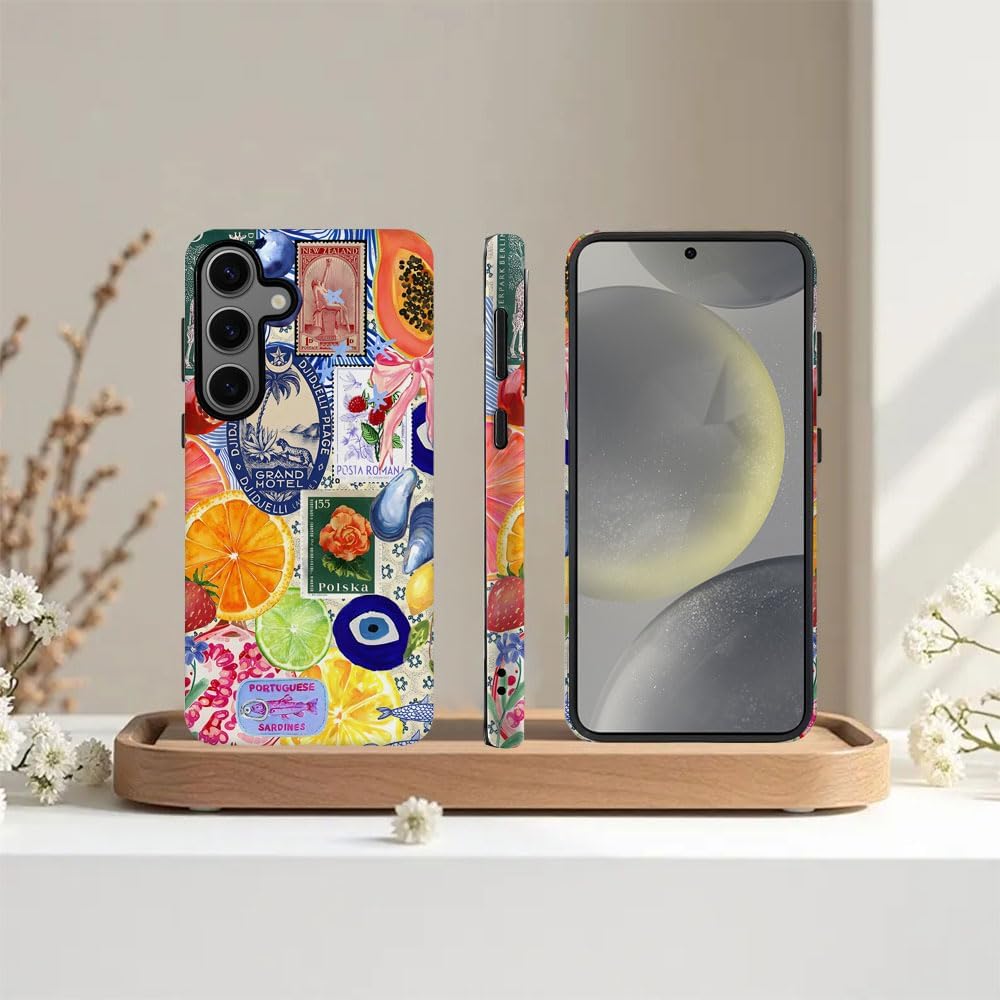Case for Samsung Galaxy S24 FE,Bow European Summer Lemon Collage Phone Case Drop Resistant Frosted 2 in 1 Solid Dual-Layer Cover for Girl Women