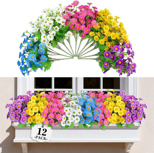 12 Bundles Yellow Daisy Flowers, Uv-Resistant Artificial Outdoor Flowers | Fake Flowers, for Outdoor Planters, Garden, Balcony, Window，Porch Decor, Realistic Fake Flowers for Home Decoration