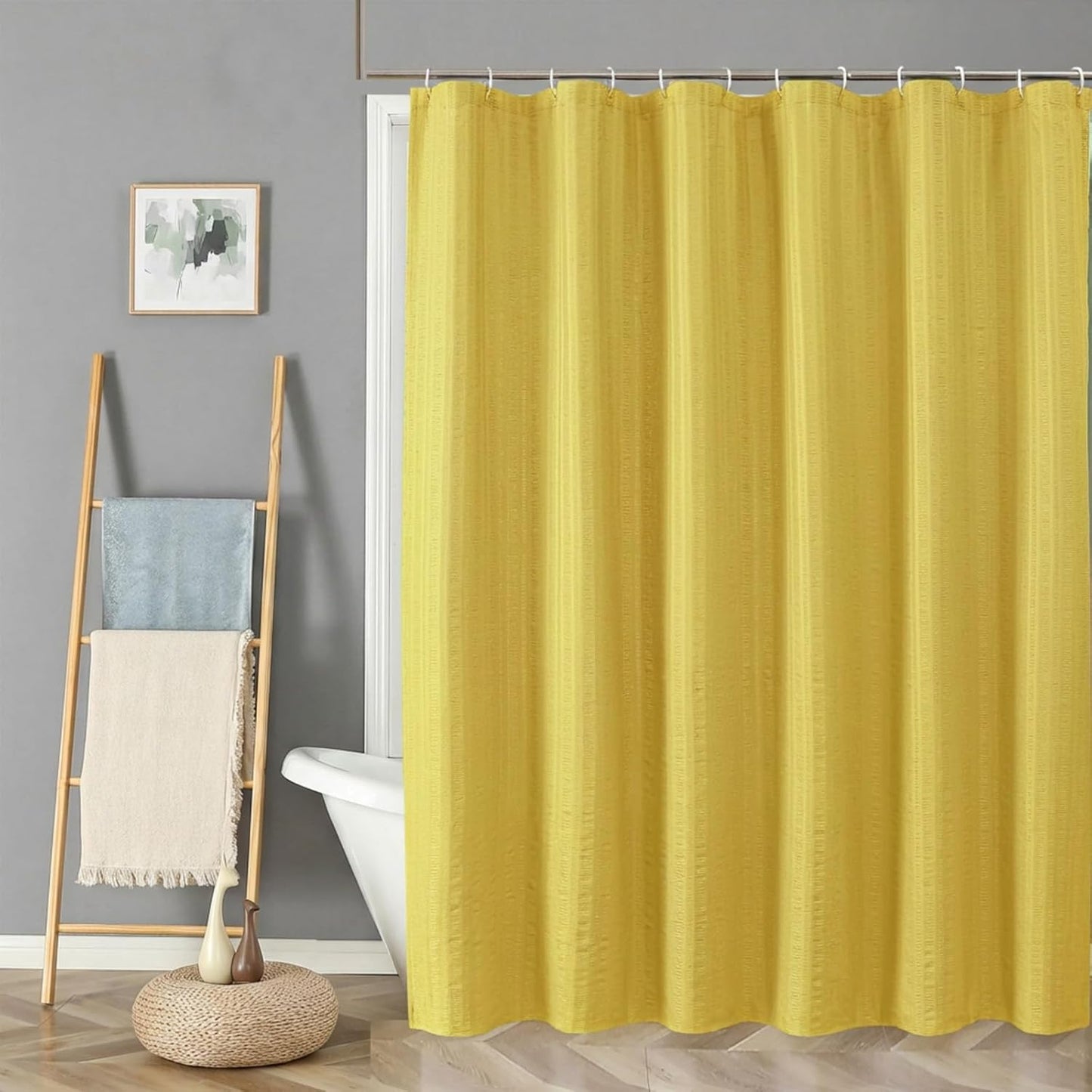 Moga Lemon Yellow Fabric Shower Curtains for Bathroom - Hotel Spa Polyester Cloth Bath Curtain with 12 Holes, 72x72, Machine Washable, Lemon Yellow