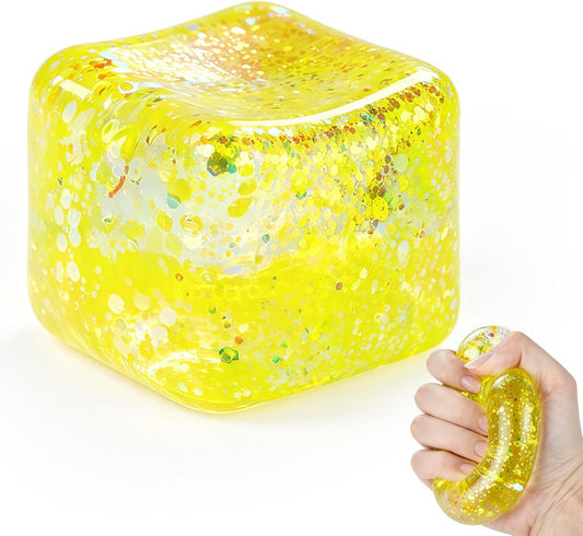 Squishy Cube Ice Cube Squishy Stress Cube for Adults,Glitter Squishy Slow Rising Fidget Cube Sensory for Anxiety Stress Relief High Density Ice Squeeze Ball Cubes (Yellow)