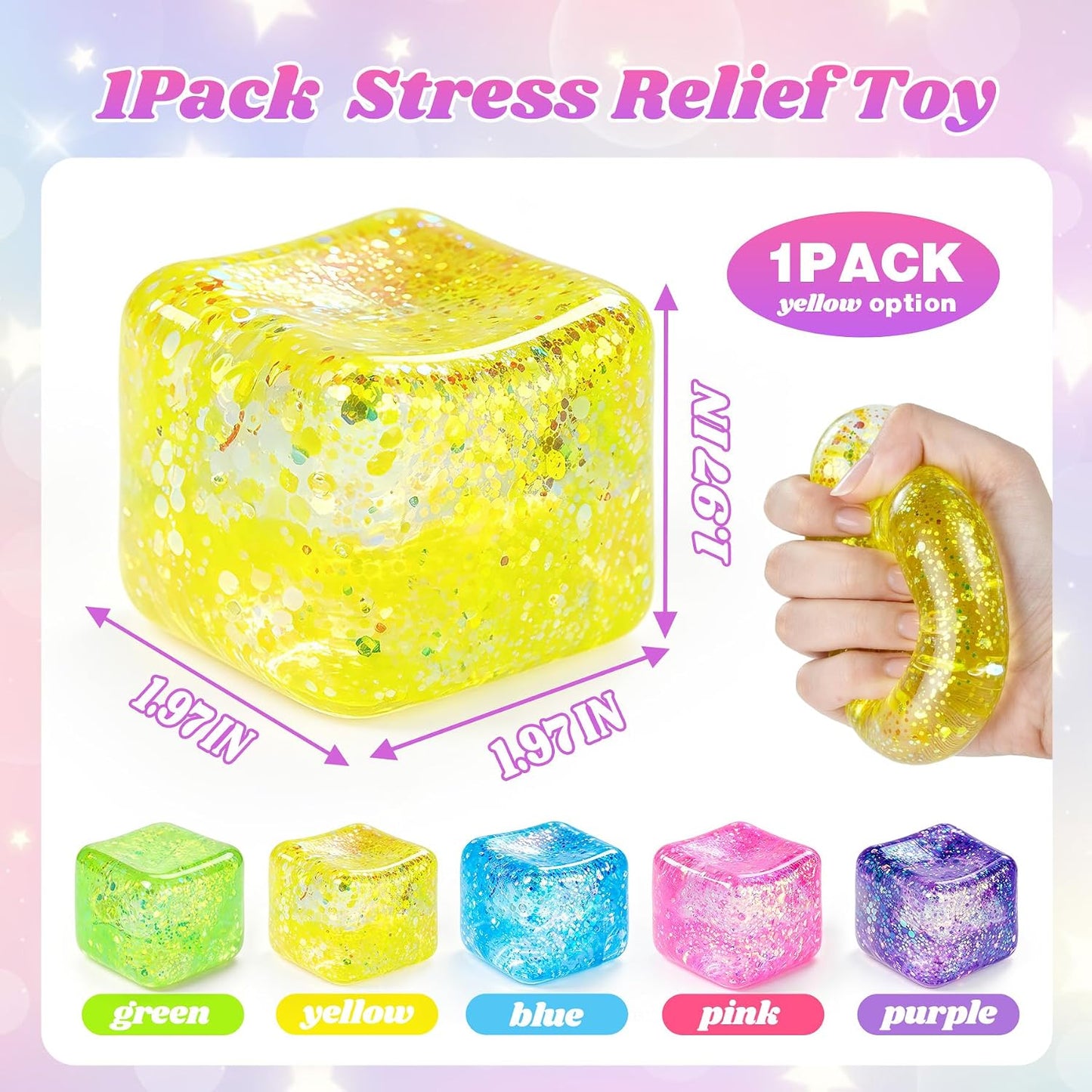 Squishy Cube Ice Cube Squishy Stress Cube for Adults,Glitter Squishy Slow Rising Fidget Cube Sensory for Anxiety Stress Relief High Density Ice Squeeze Ball Cubes (Yellow)
