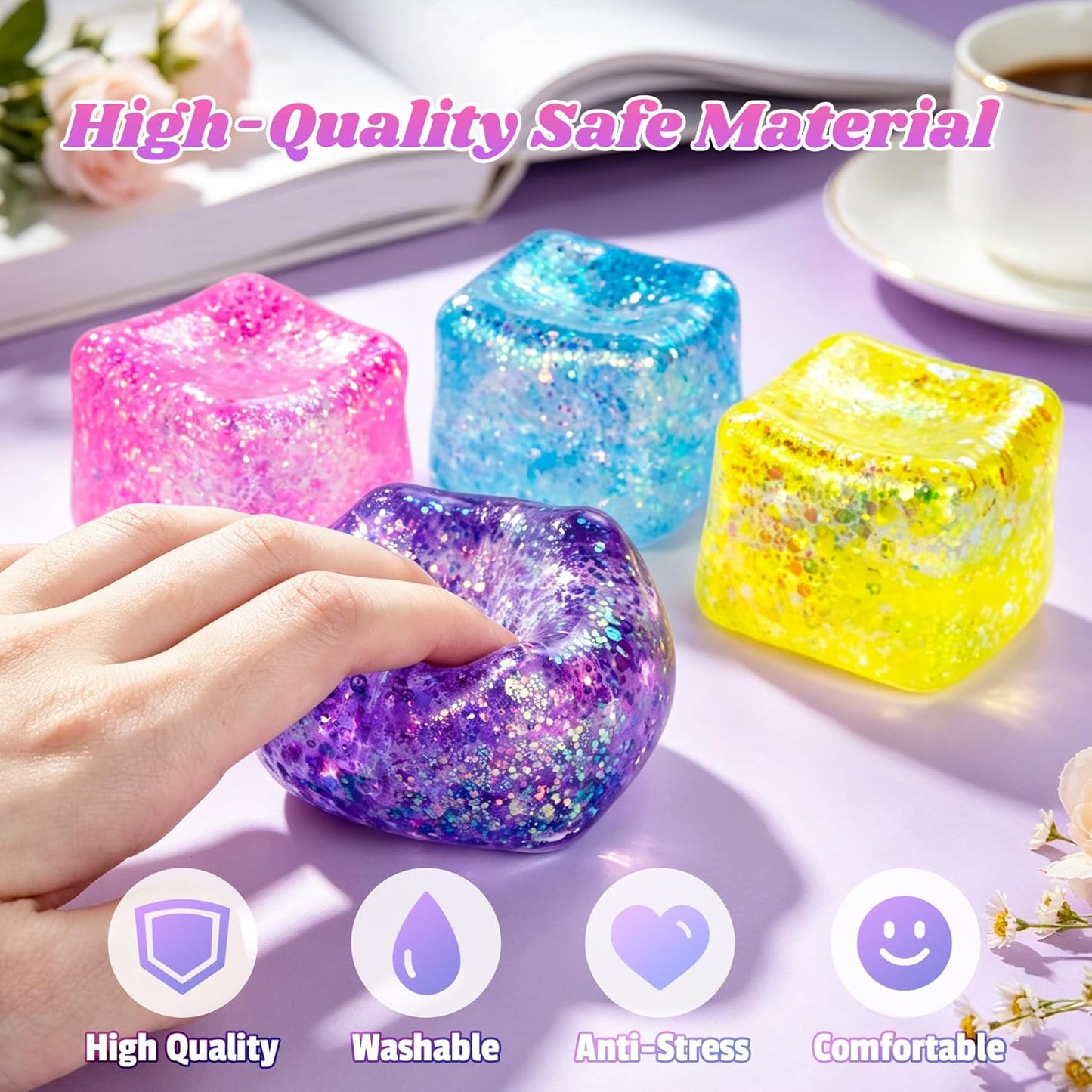 Squishy Cube Ice Cube Squishy Stress Cube for Adults,Glitter Squishy Slow Rising Fidget Cube Sensory for Anxiety Stress Relief High Density Ice Squeeze Ball Cubes (Yellow)