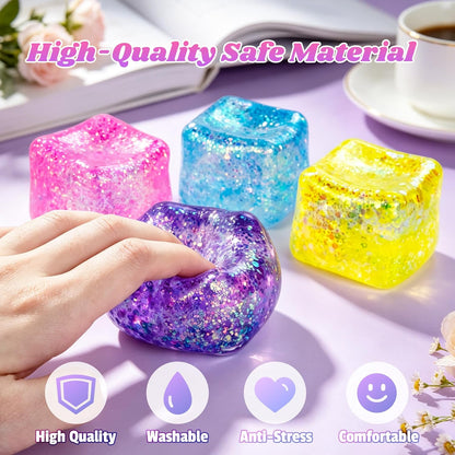 Squishy Cube Ice Cube Squishy Stress Cube for Adults,Glitter Squishy Slow Rising Fidget Cube Sensory for Anxiety Stress Relief High Density Ice Squeeze Ball Cubes (Yellow)