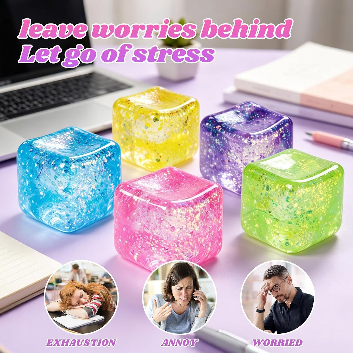 Squishy Cube Ice Cube Squishy Stress Cube for Adults,Glitter Squishy Slow Rising Fidget Cube Sensory for Anxiety Stress Relief High Density Ice Squeeze Ball Cubes (Yellow)