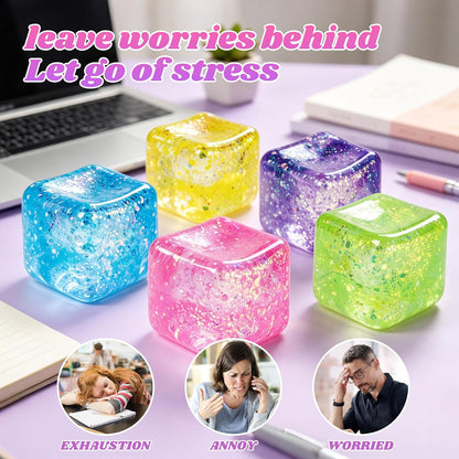 Squishy Cube Ice Cube Squishy Stress Cube for Adults,Glitter Squishy Slow Rising Fidget Cube Sensory for Anxiety Stress Relief High Density Ice Squeeze Ball Cubes (Yellow)