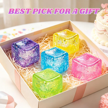 Squishy Cube Ice Cube Squishy Stress Cube for Adults,Glitter Squishy Slow Rising Fidget Cube Sensory for Anxiety Stress Relief High Density Ice Squeeze Ball Cubes (Yellow)