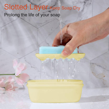 Leakproof Soap Dish with Lid & Draining Layer, Shatterproof Travel Bar Soap Holder Case Container, Portable Travel Size Toiletries Essentials for Camping, Gym, Bathroom, Yellow
