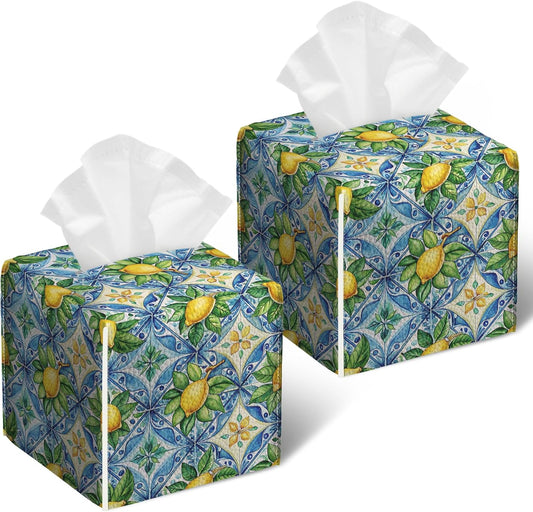 Watercolor Lemon Tissue Box Cover 2PCS, Blue Tile Leather Tissue Box Holder Square Facial Paper Case Tissue Box Cube Organizer for Bathroom Bedroom Desk Office