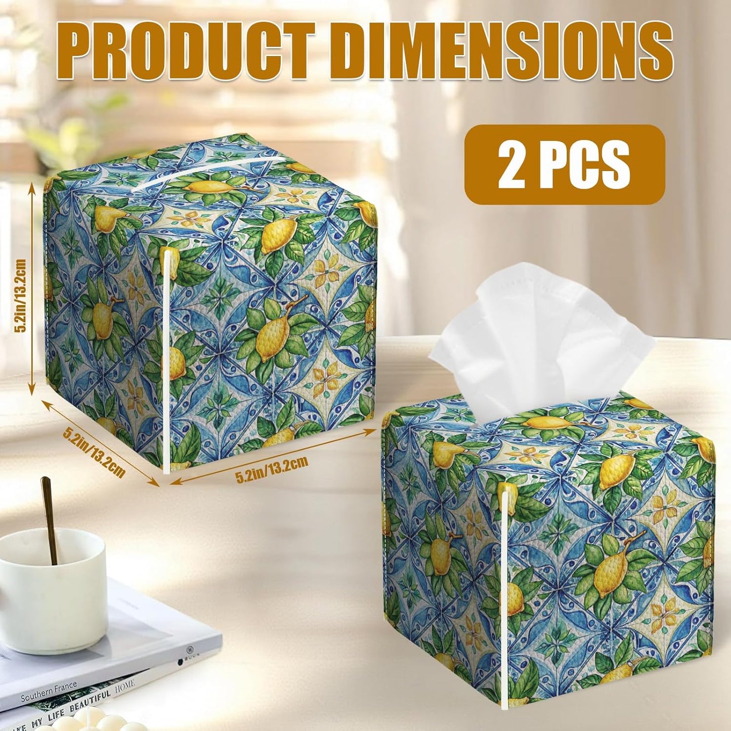 Watercolor Lemon Tissue Box Cover 2PCS, Blue Tile Leather Tissue Box Holder Square Facial Paper Case Tissue Box Cube Organizer for Bathroom Bedroom Desk Office