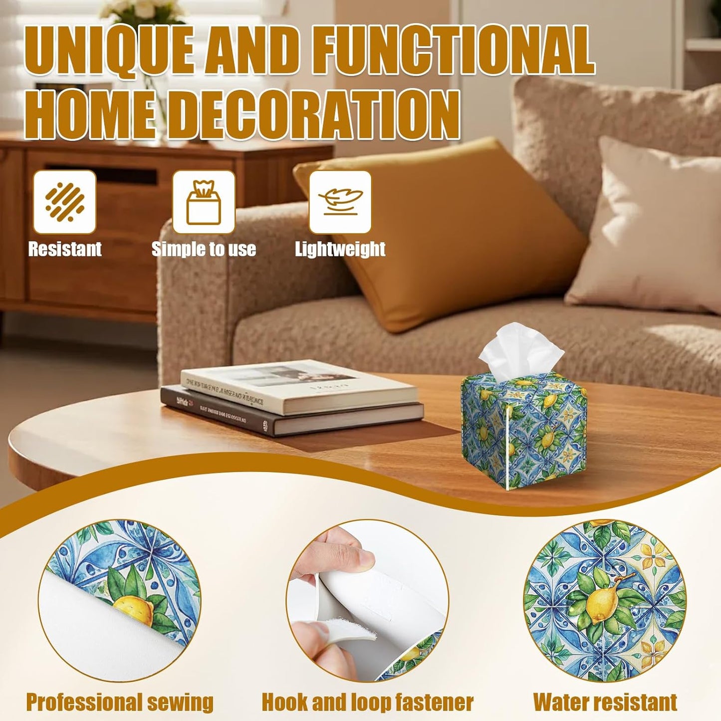 Watercolor Lemon Tissue Box Cover 2PCS, Blue Tile Leather Tissue Box Holder Square Facial Paper Case Tissue Box Cube Organizer for Bathroom Bedroom Desk Office