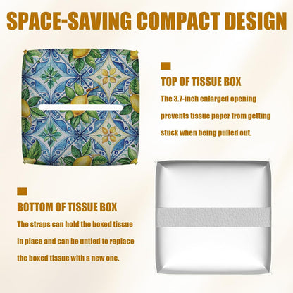 Watercolor Lemon Tissue Box Cover 2PCS, Blue Tile Leather Tissue Box Holder Square Facial Paper Case Tissue Box Cube Organizer for Bathroom Bedroom Desk Office