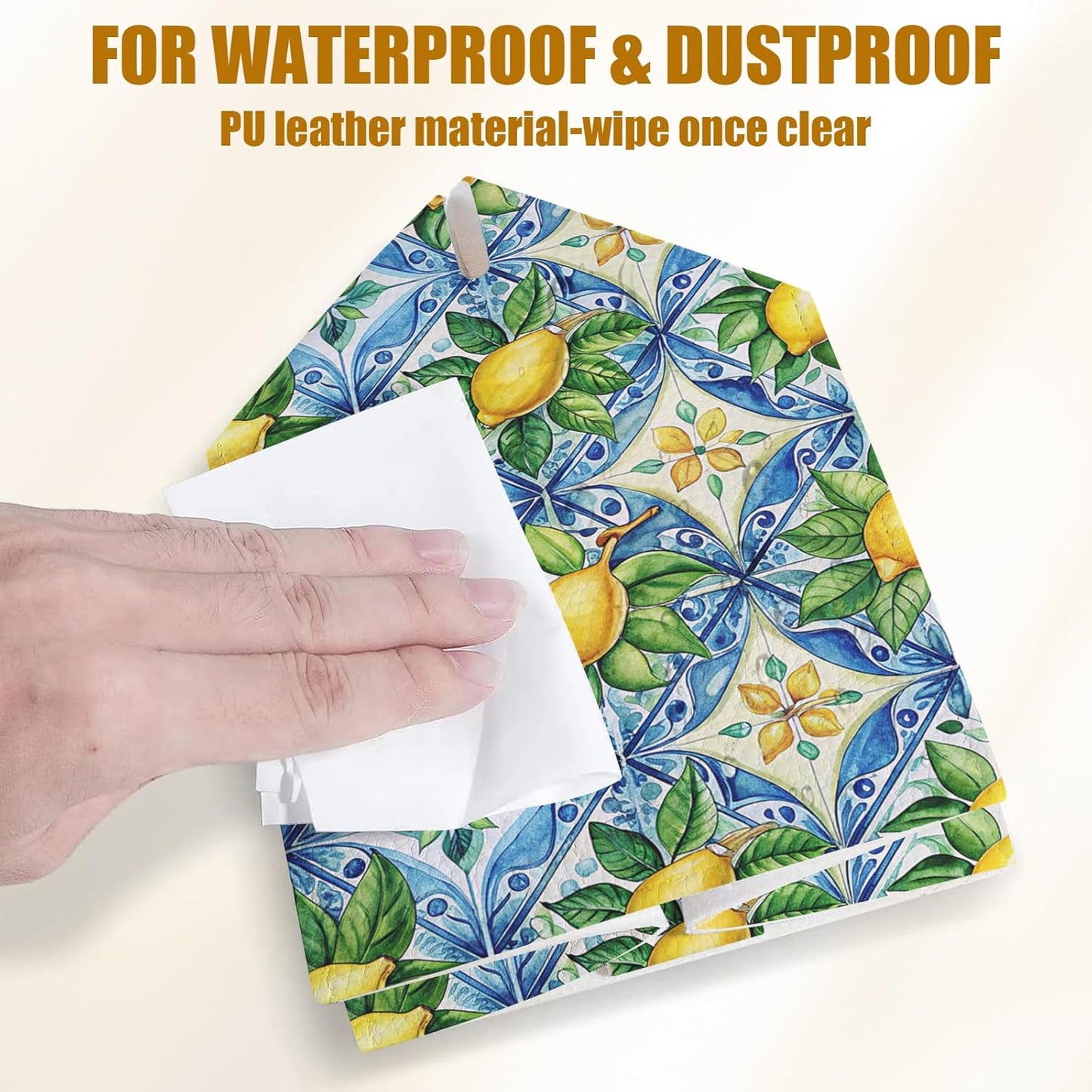 Watercolor Lemon Tissue Box Cover 2PCS, Blue Tile Leather Tissue Box Holder Square Facial Paper Case Tissue Box Cube Organizer for Bathroom Bedroom Desk Office