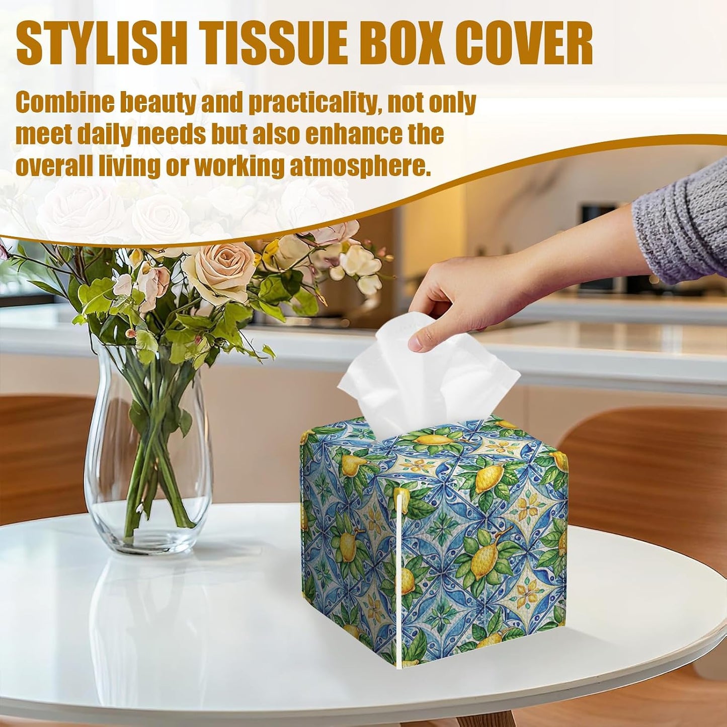 Watercolor Lemon Tissue Box Cover 2PCS, Blue Tile Leather Tissue Box Holder Square Facial Paper Case Tissue Box Cube Organizer for Bathroom Bedroom Desk Office