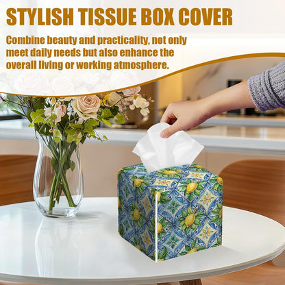 Watercolor Lemon Tissue Box Cover 2PCS, Blue Tile Leather Tissue Box Holder Square Facial Paper Case Tissue Box Cube Organizer for Bathroom Bedroom Desk Office
