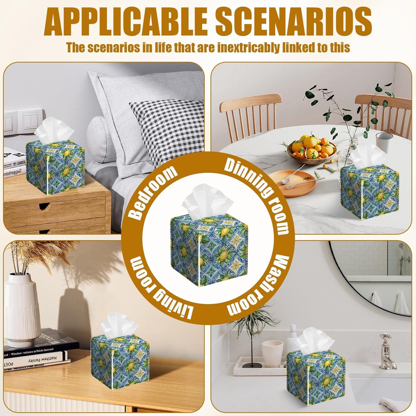 Watercolor Lemon Tissue Box Cover 2PCS, Blue Tile Leather Tissue Box Holder Square Facial Paper Case Tissue Box Cube Organizer for Bathroom Bedroom Desk Office