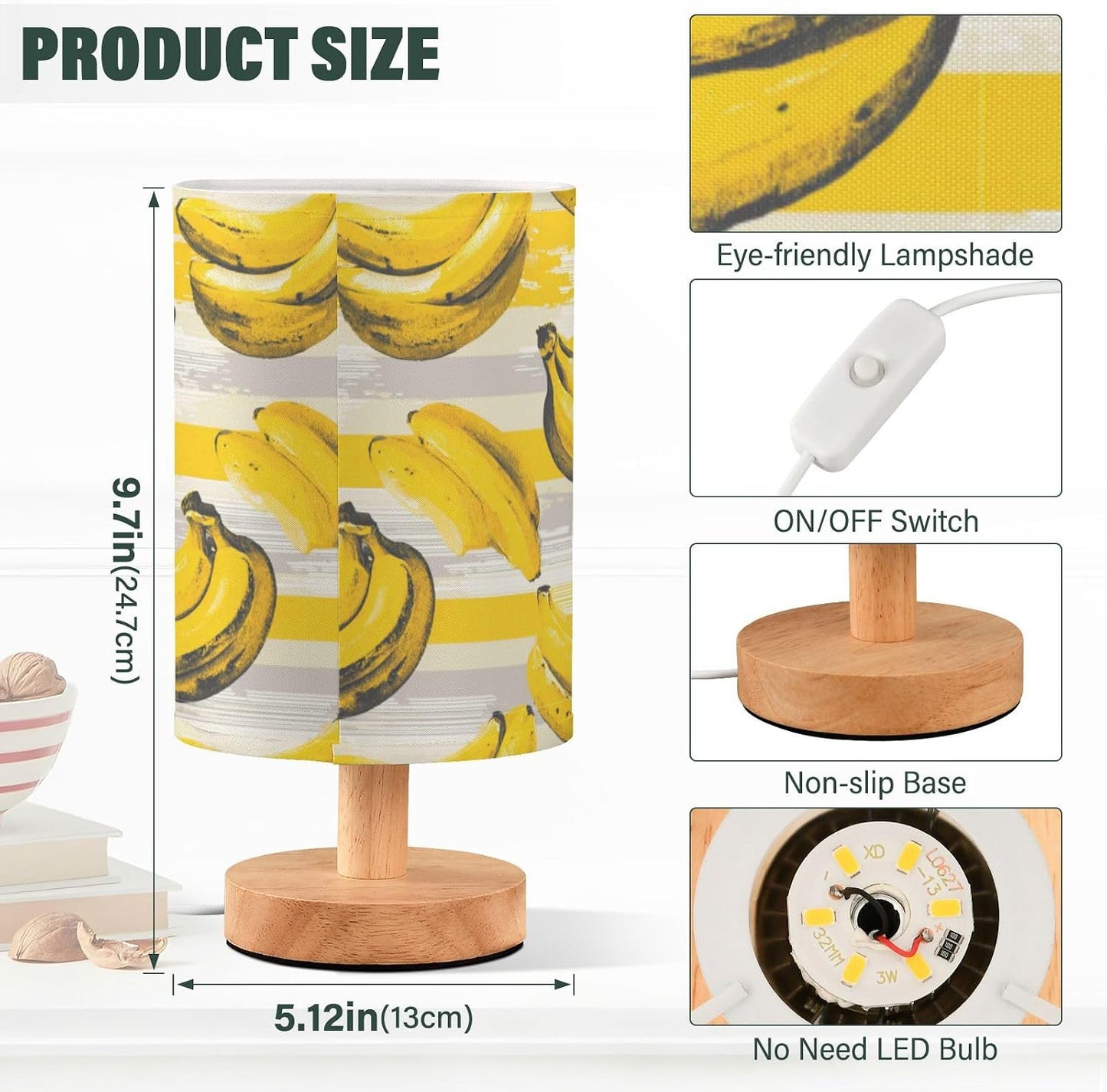 Bedside Table Lamp Lines Yellow Banana Kids Nightstand Lamp Night Light Fabric Shade for Bedroom Living Room Home Office