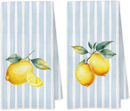 Lemon Kitchen Towels, Lemon Gifts for Women, Blue Striped Summer Fruit Decorative Hand Tea Dish Towel for Bathroom Kitchen Decor, 16x24 Inch Set of 2