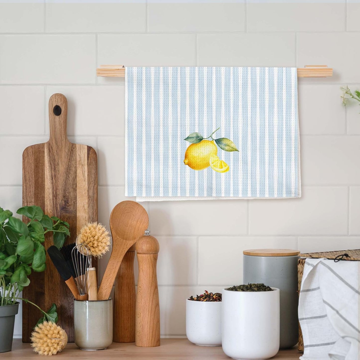 Lemon Kitchen Towels, Lemon Gifts for Women, Blue Striped Summer Fruit Decorative Hand Tea Dish Towel for Bathroom Kitchen Decor, 16x24 Inch Set of 2