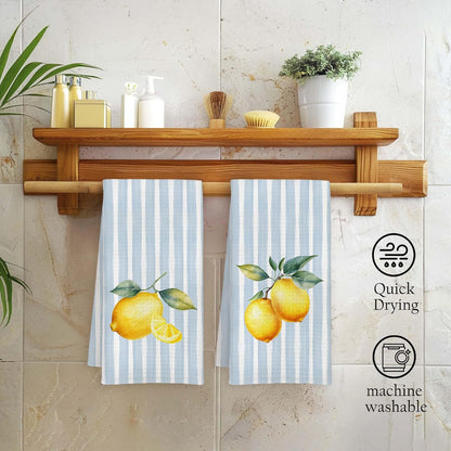 Lemon Kitchen Towels, Lemon Gifts for Women, Blue Striped Summer Fruit Decorative Hand Tea Dish Towel for Bathroom Kitchen Decor, 16x24 Inch Set of 2