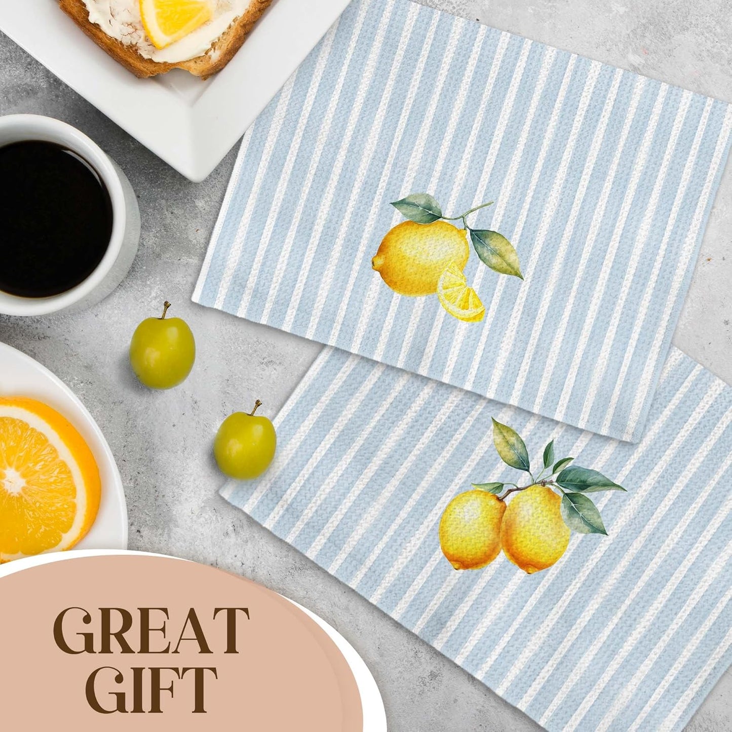 Lemon Kitchen Towels, Lemon Gifts for Women, Blue Striped Summer Fruit Decorative Hand Tea Dish Towel for Bathroom Kitchen Decor, 16x24 Inch Set of 2