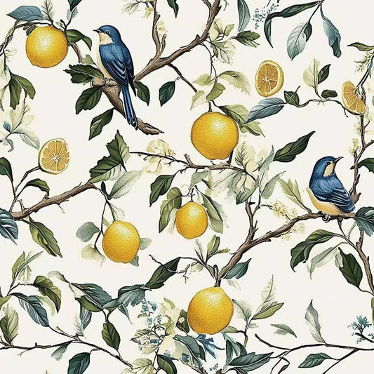 Vintage Bird Floral Wallpaper Self Adhesive Peel and Stick Watercolor Whimsical Lemon Tree Botanical Leaf Paper Removable Waterproof for Bedroom Renter Friendly 17.71"x118.1"