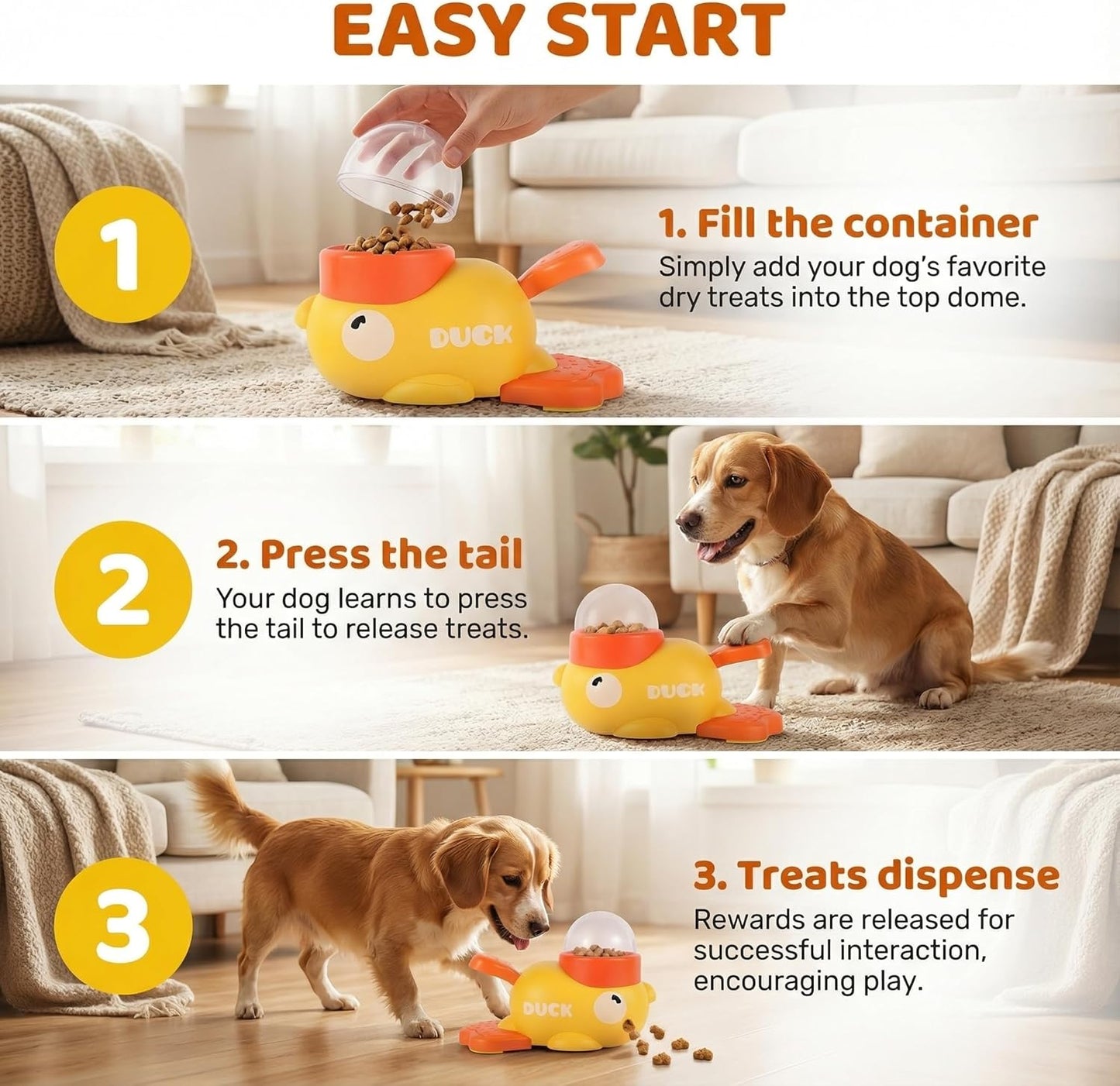Duck-Shaped Interactive Treat Dispenser Toy for Dogs & Cats - Mental Stimulation Puzzle Feeder, Slow Eating Food Dispenser to Reduce Boredom & Bloating, for Small Medium Pets (Yellow)