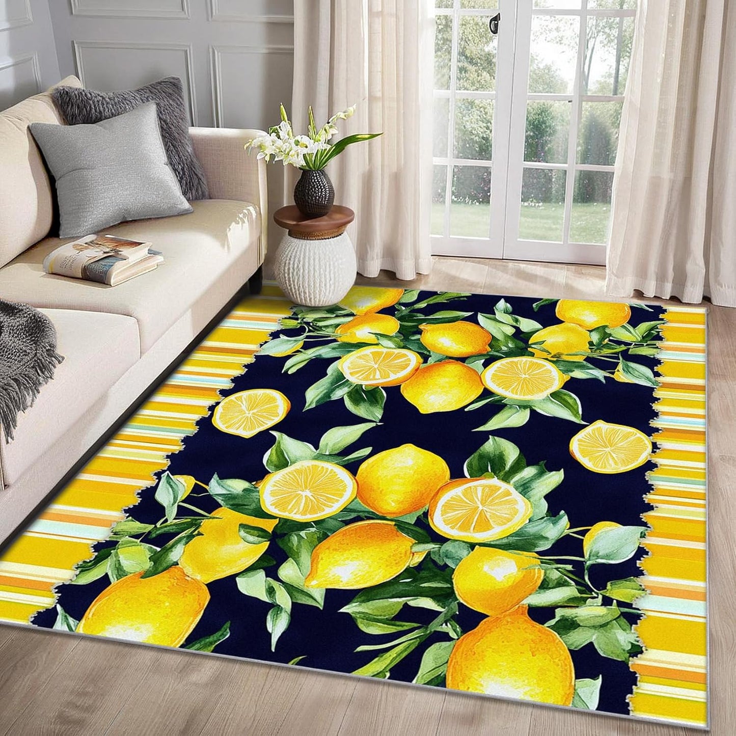 Lemon Rugs for Kitchen - 3x4 Area Rug - Lemon Home Decor - Tropical Fruit Rugs for Entryway - Summer Bright Botanical Door Mat - Washable Non Slip High Traffic Areas