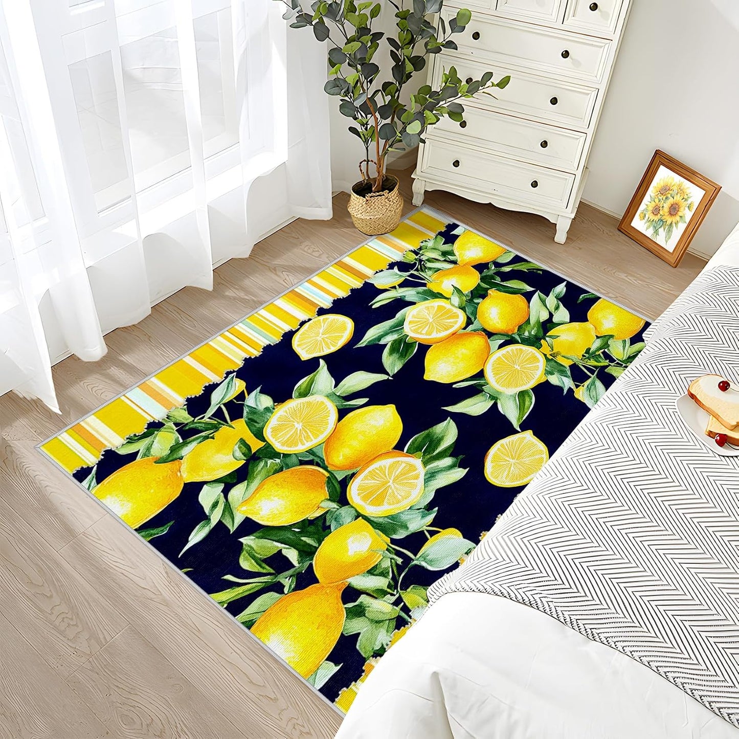 Lemon Rugs for Kitchen - 3x4 Area Rug - Lemon Home Decor - Tropical Fruit Rugs for Entryway - Summer Bright Botanical Door Mat - Washable Non Slip High Traffic Areas