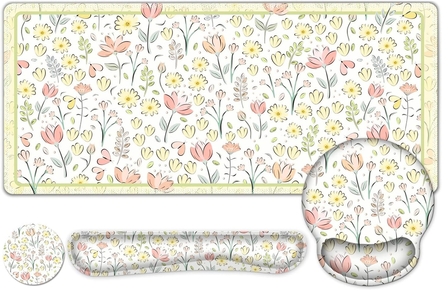 Desk Mat, 4in1 Large Mouse Pad with Wrist Rest, Cute Desk Mat, Anti-Slip XXL Computer Ergonomic Mousepad with Wrist Support for Keyboard and Mouse, Nice Yellow Flowers