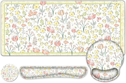Desk Mat, 4in1 Large Mouse Pad with Wrist Rest, Cute Desk Mat, Anti-Slip XXL Computer Ergonomic Mousepad with Wrist Support for Keyboard and Mouse, Nice Yellow Flowers