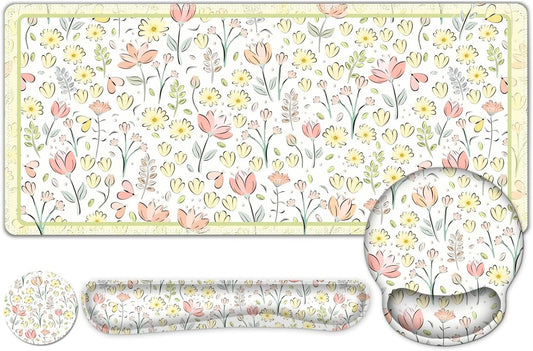 Desk Mat, 4in1 Large Mouse Pad with Wrist Rest, Cute Desk Mat, Anti-Slip XXL Computer Ergonomic Mousepad with Wrist Support for Keyboard and Mouse, Nice Yellow Flowers