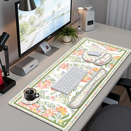 Desk Mat, 4in1 Large Mouse Pad with Wrist Rest, Cute Desk Mat, Anti-Slip XXL Computer Ergonomic Mousepad with Wrist Support for Keyboard and Mouse, Nice Yellow Flowers