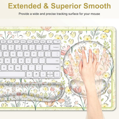 Desk Mat, 4in1 Large Mouse Pad with Wrist Rest, Cute Desk Mat, Anti-Slip XXL Computer Ergonomic Mousepad with Wrist Support for Keyboard and Mouse, Nice Yellow Flowers