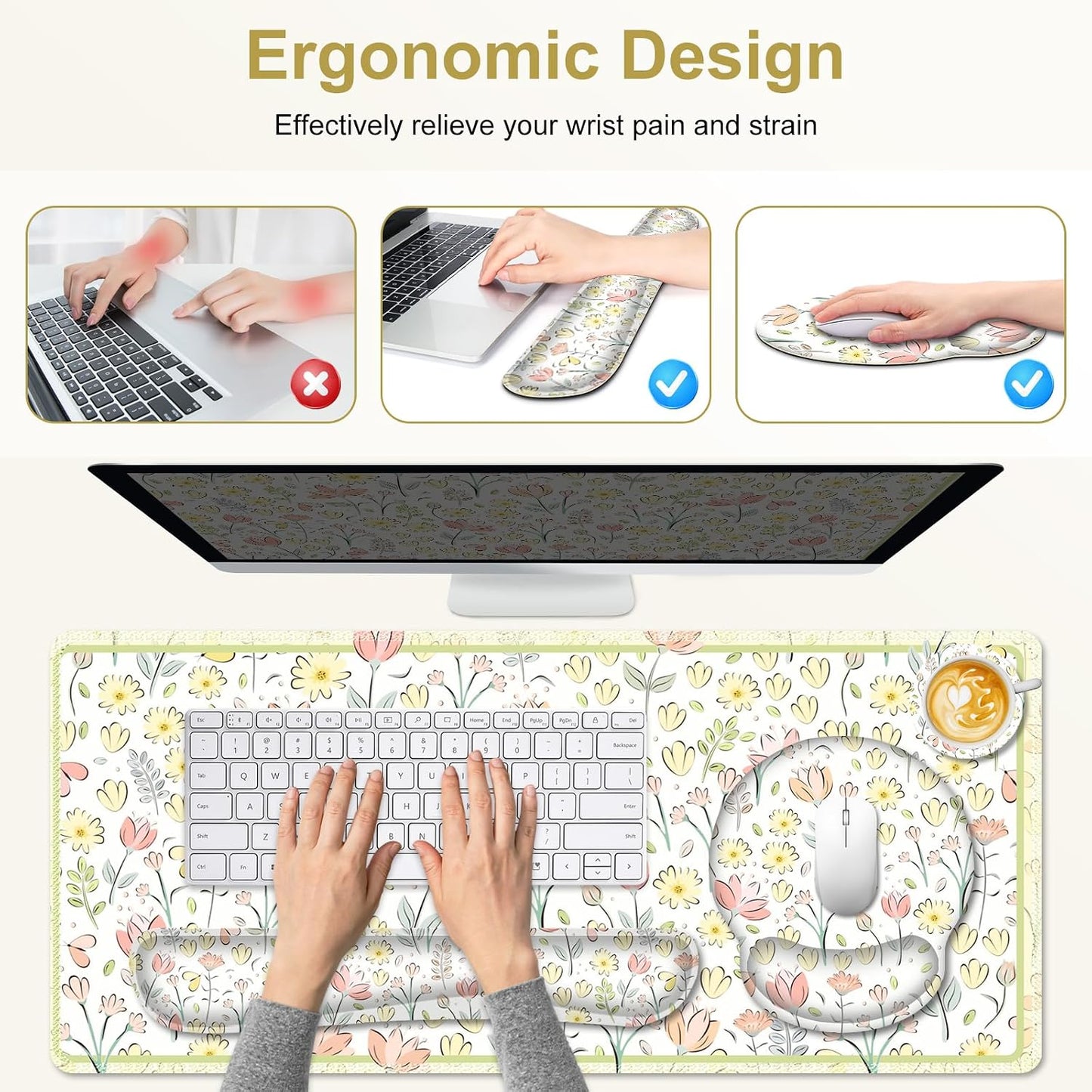 Desk Mat, 4in1 Large Mouse Pad with Wrist Rest, Cute Desk Mat, Anti-Slip XXL Computer Ergonomic Mousepad with Wrist Support for Keyboard and Mouse, Nice Yellow Flowers