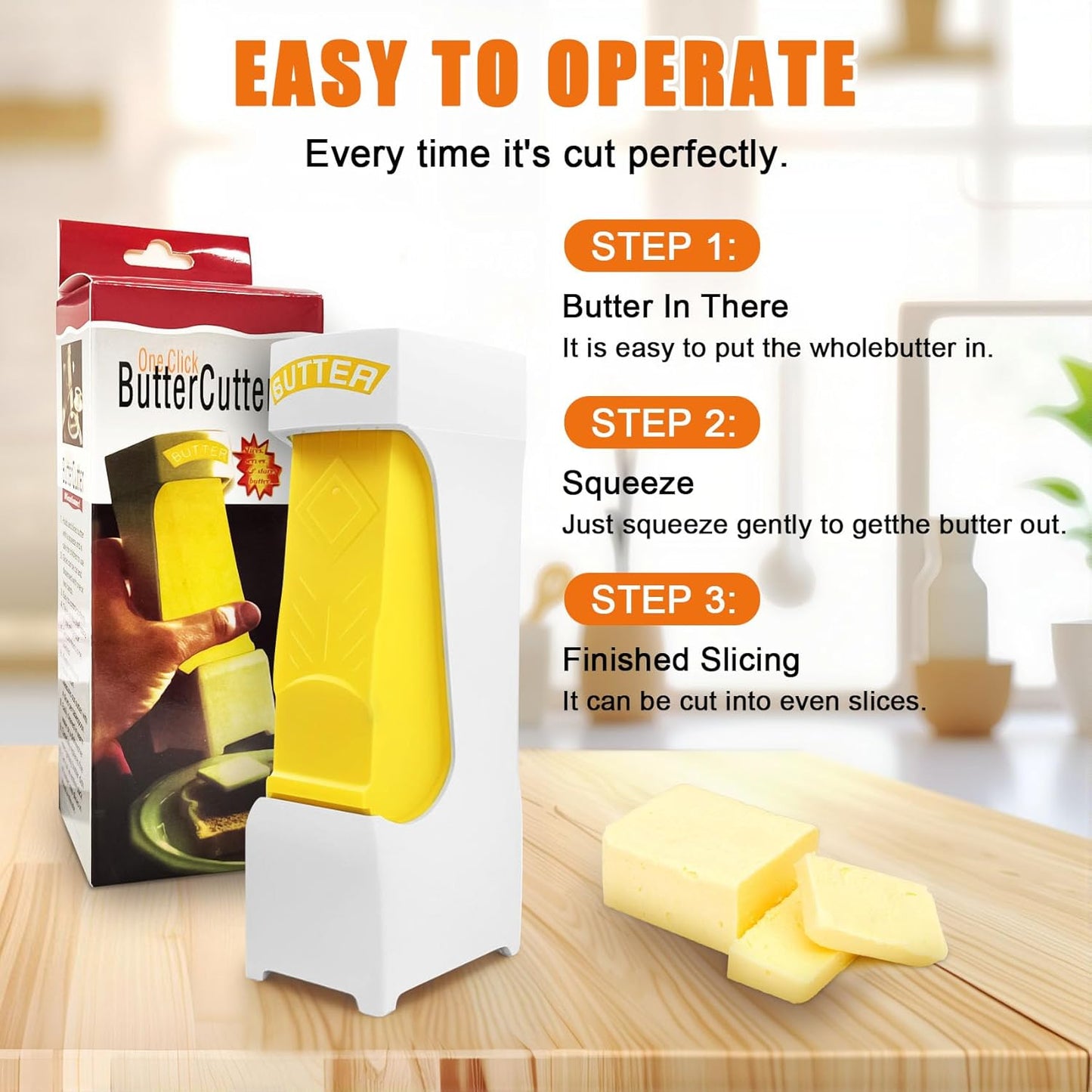 One-Click Butter Cutter, One-Click Butter Cutter with Stainless Steel Blade, Multi-Functional Cheese Splitter Butter Slicer Dispenser, Portable Butter Cutter Slicer for Single Stick, Yellow
