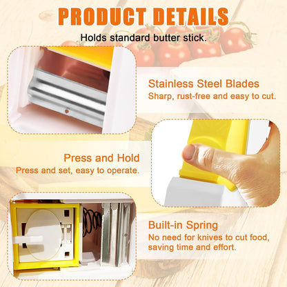 One-Click Butter Cutter, One-Click Butter Cutter with Stainless Steel Blade, Multi-Functional Cheese Splitter Butter Slicer Dispenser, Portable Butter Cutter Slicer for Single Stick, Yellow