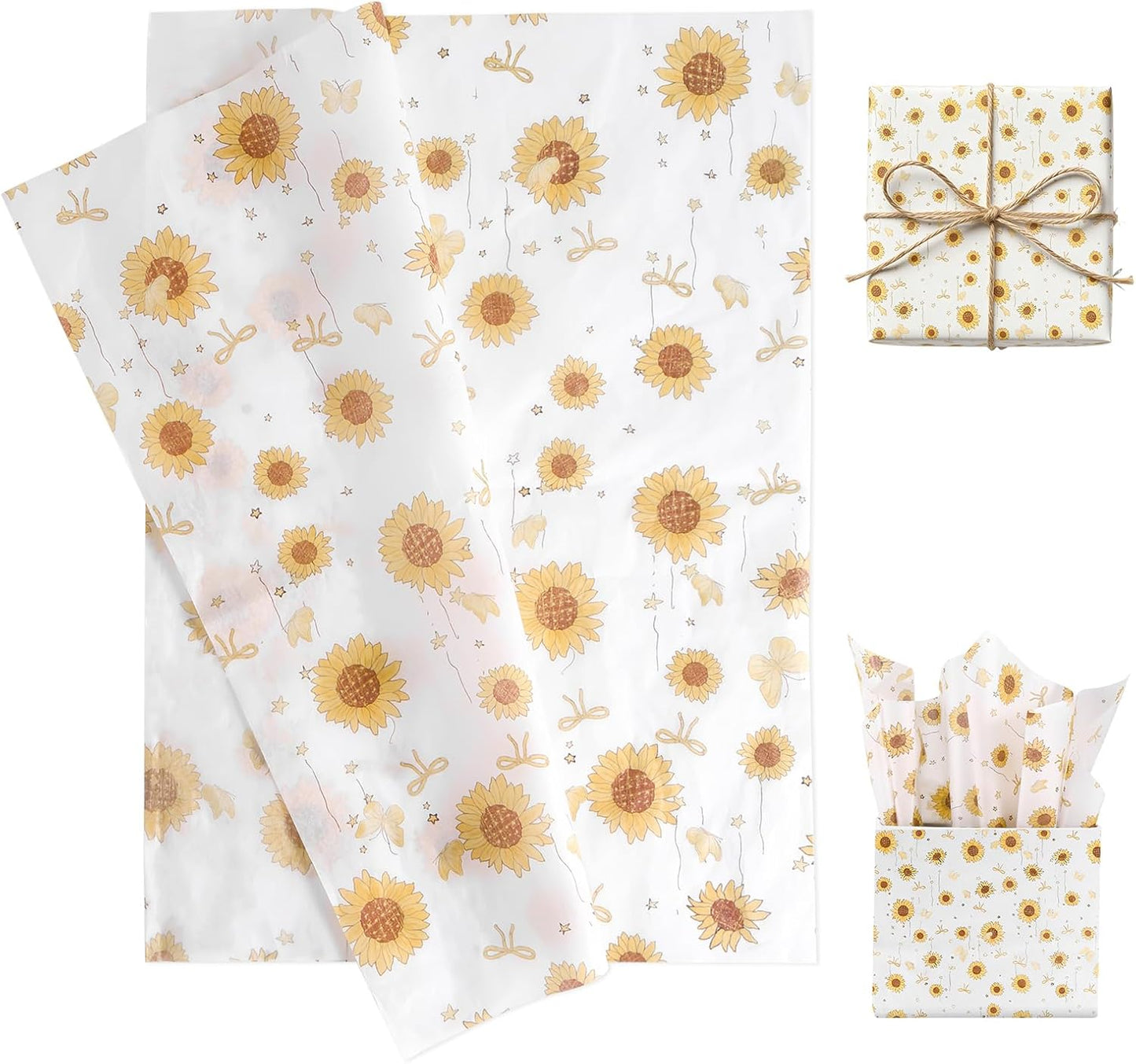 30 Sheets Floral Tissue Paper, 50x35cm/20x14in Printed Flower Pattern Wrapping Craft Paper Bulk for Birthday Packaging Party Decorations DIY Projects and Gift Bags (Sunflower Style)
