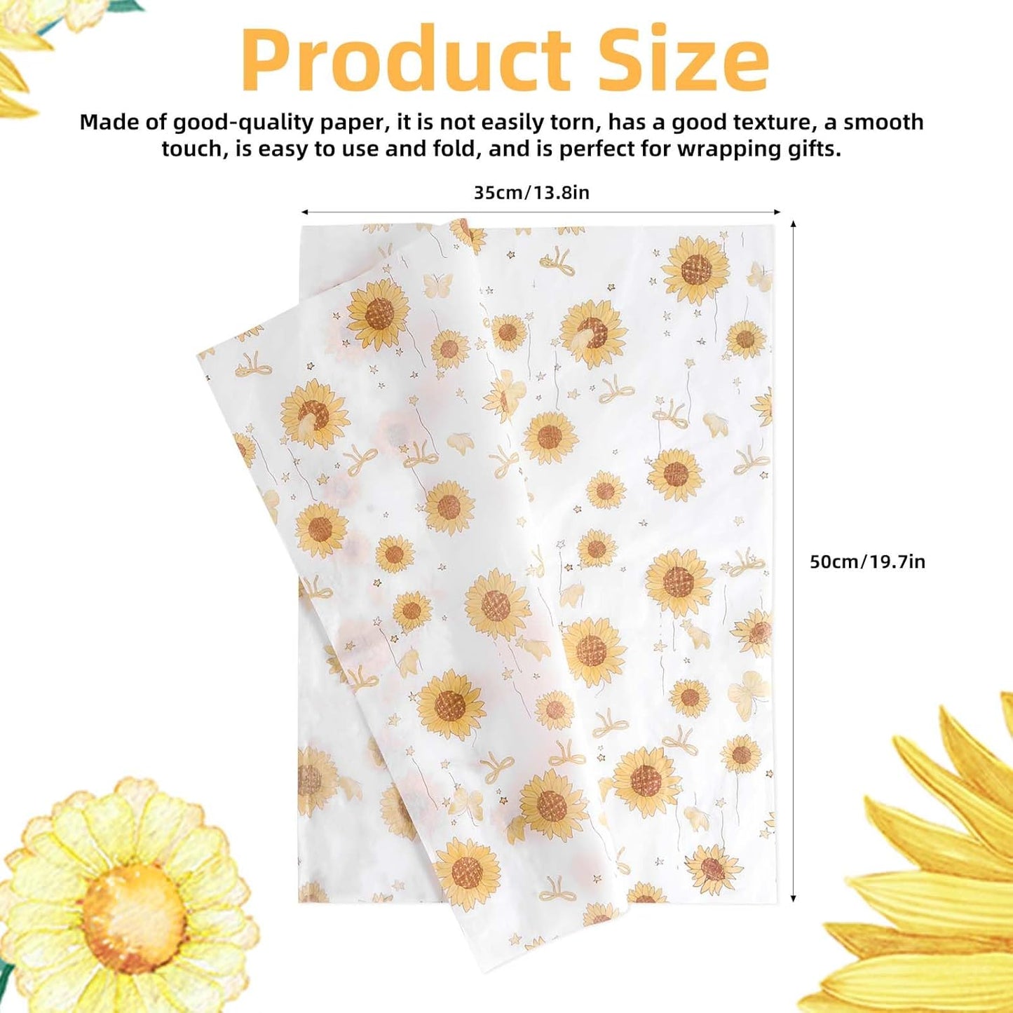 30 Sheets Floral Tissue Paper, 50x35cm/20x14in Printed Flower Pattern Wrapping Craft Paper Bulk for Birthday Packaging Party Decorations DIY Projects and Gift Bags (Sunflower Style)