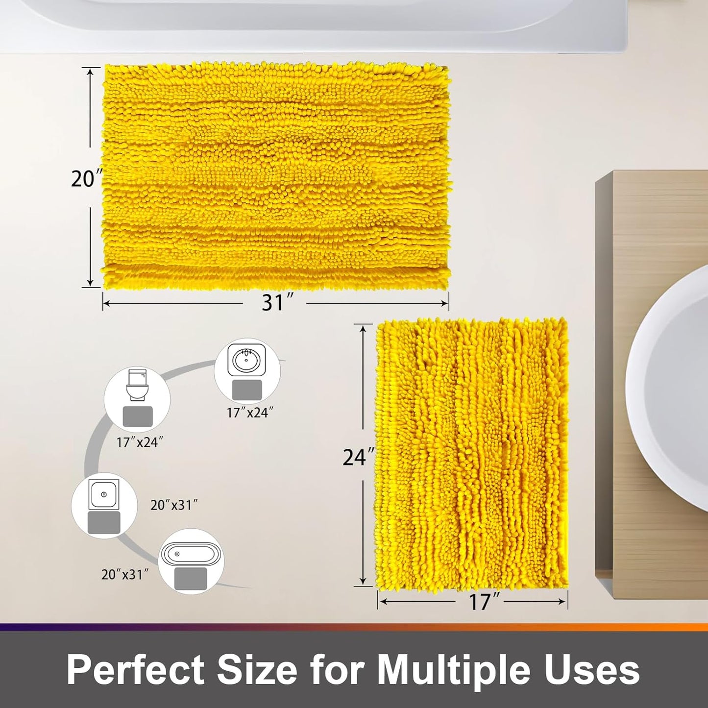 Yellow Bathroom Rugs Sets 2 Piece, Bath Mats for Bathroom Non Slip Washable, 31x20 and 24x16 Inches Luxury Shiny Chenille Bath Rugs, High Absorbent Water and Quick Dry